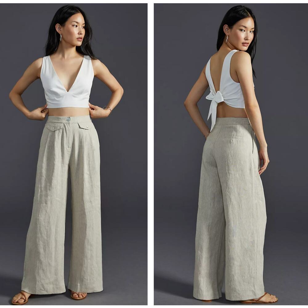ANTHROPOLOGIE x SOVERE Instance Linen Wide Leg Pants Flax Cream {VV21}